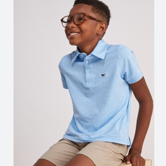 Vineyard Vines Boys’ L Blue Striped Sankaty UPF 30+ Short Sleeve Polo Shirt - Picture 2 of 8
